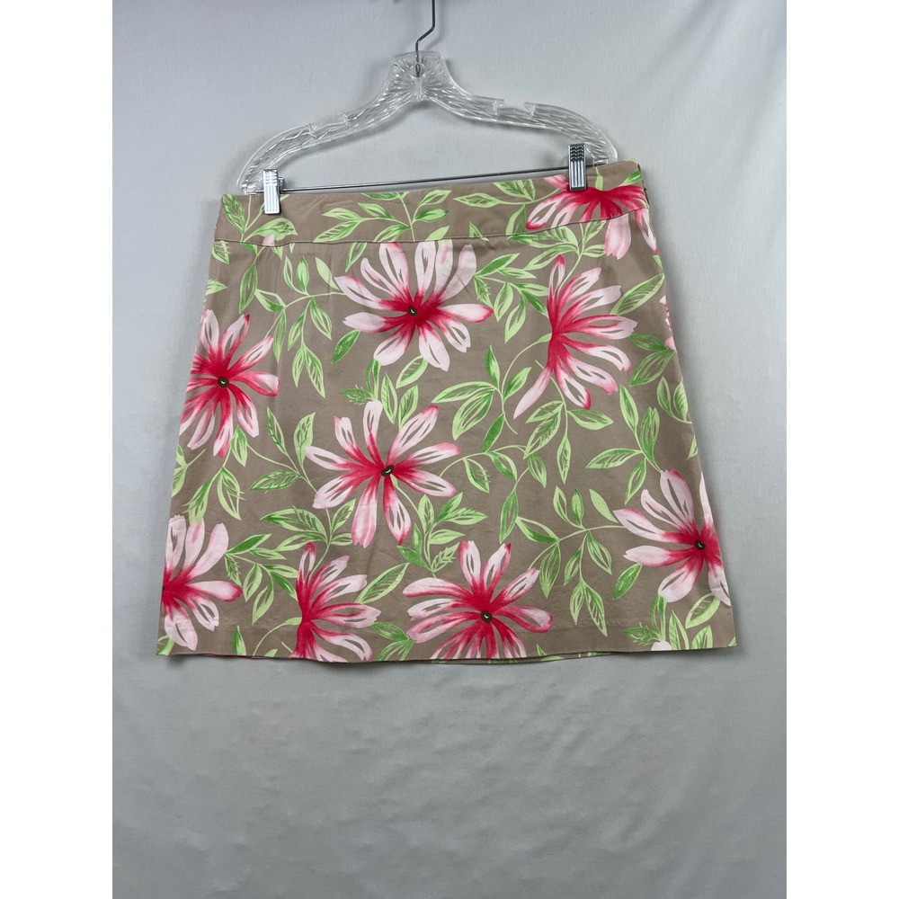 Talbots Floral Skirt Womens 18 Tan Pink Green Cotton Stretch A-Line Side Zip